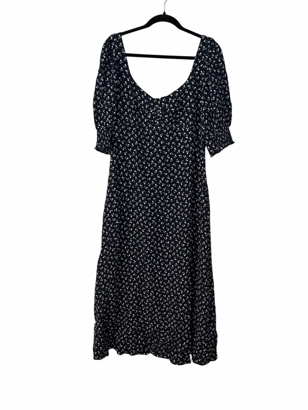 Madewell Women’s Ruched Scoopneck Side Slit Midi Navy Floral Dress Sz 12 NWT